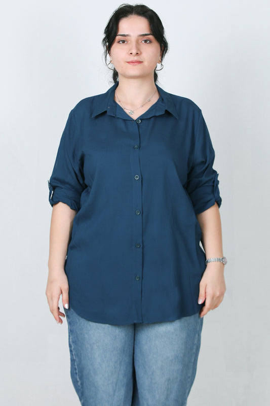 Serene Büyük Beden Kol Katlamalı Gömlek Petrol