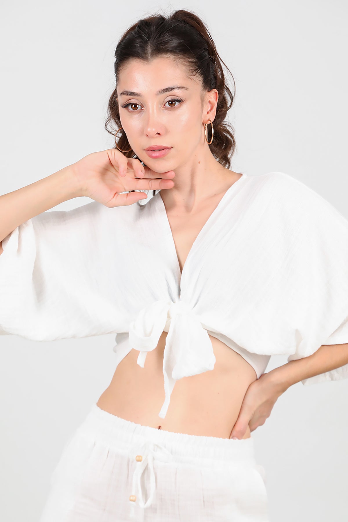 Kadın Ön Bağlama Kimono Ekru
