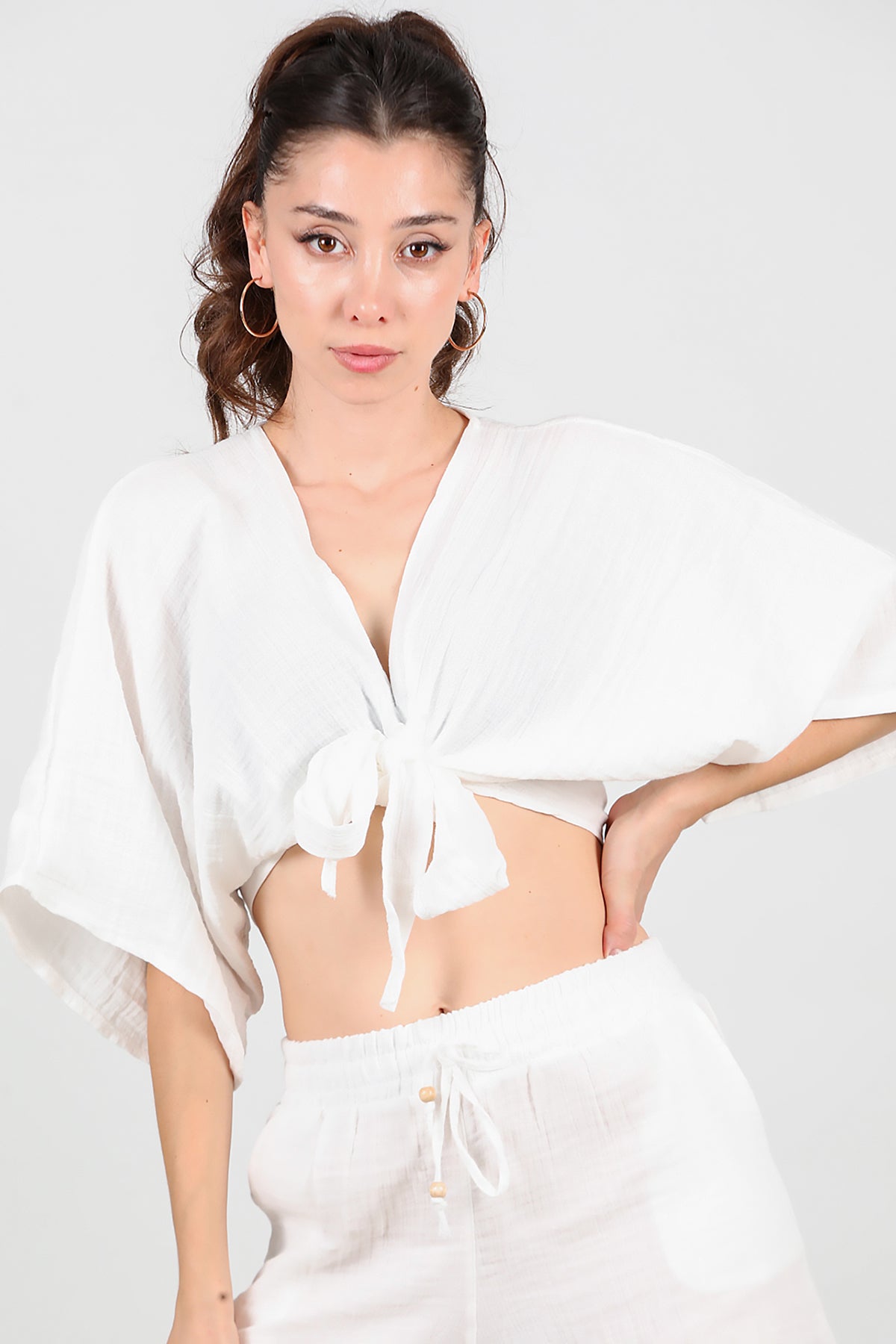 Kadın Ön Bağlama Kimono Ekru