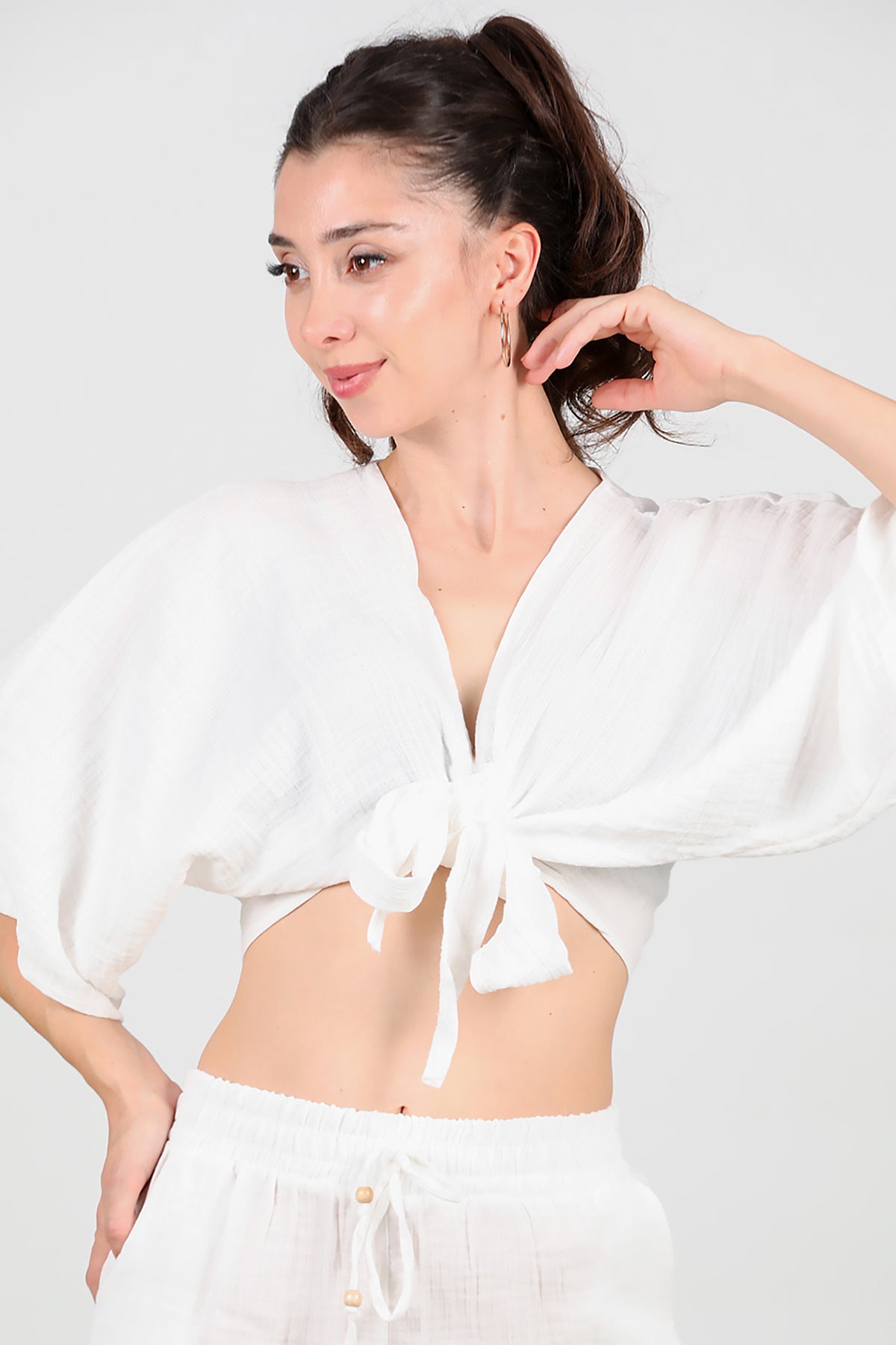 Kadın Ön Bağlama Kimono Ekru