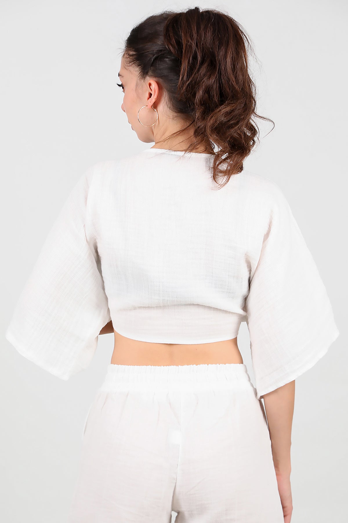 Kadın Ön Bağlama Kimono Ekru