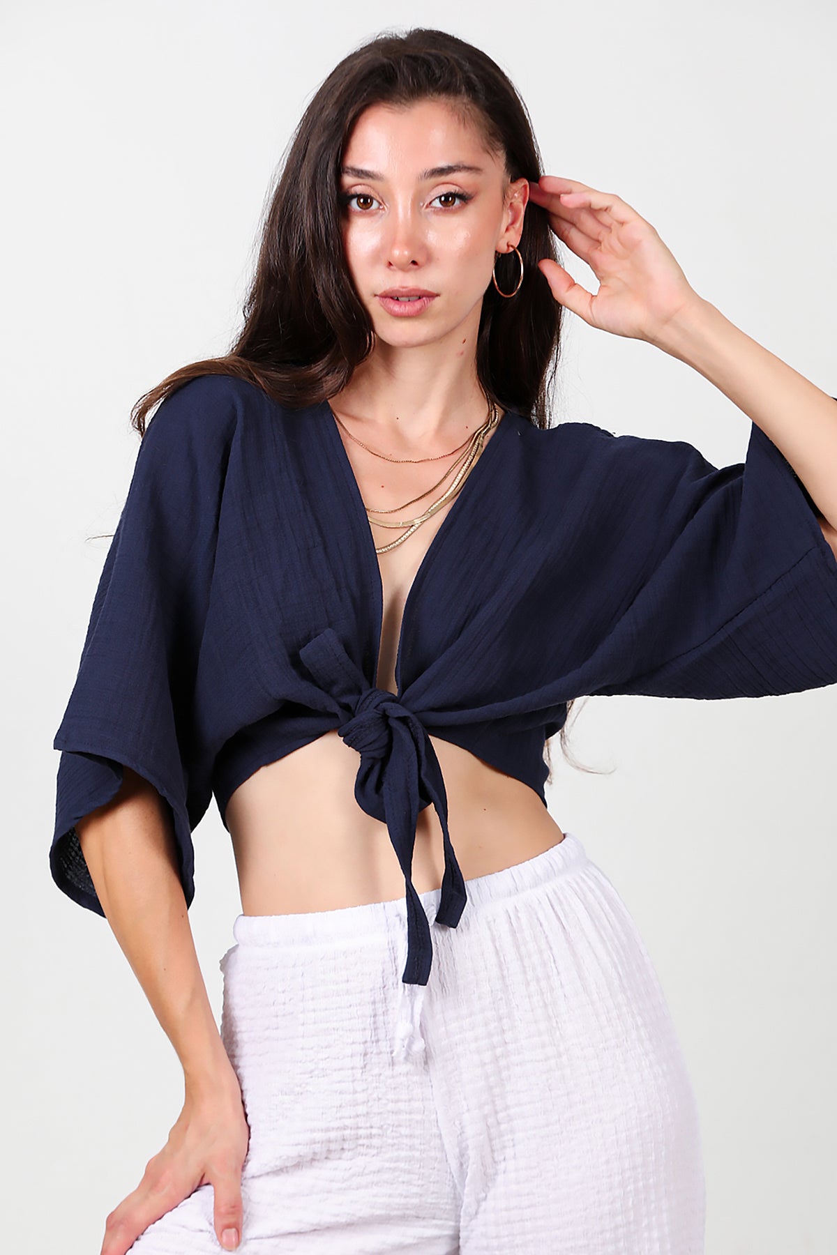 Kadın Ön Bağlama Kimono Lacivert
