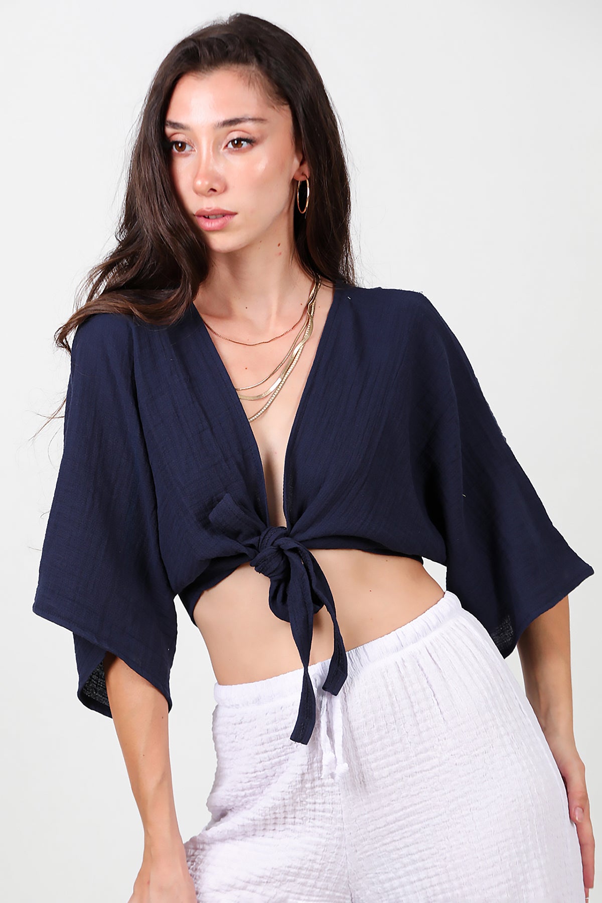 Kadın Ön Bağlama Kimono Lacivert