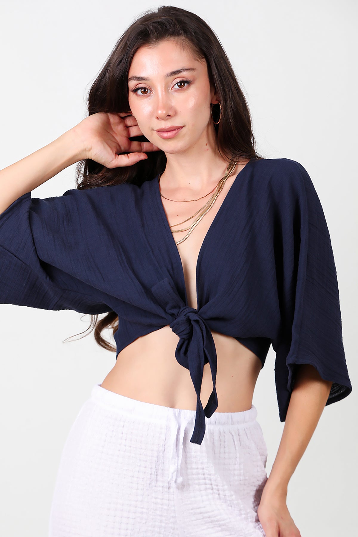 Kadın Ön Bağlama Kimono Lacivert