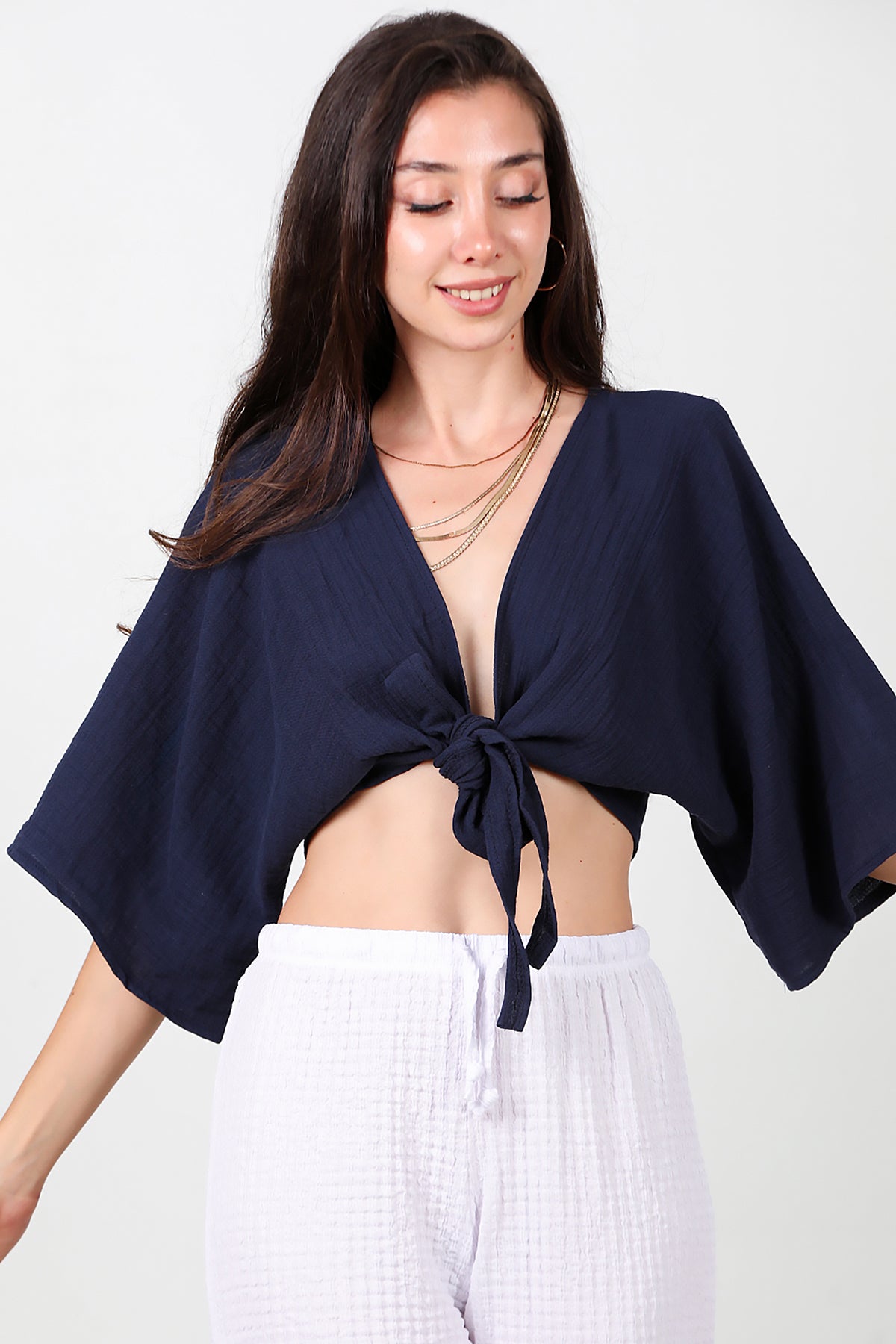 Kadın Ön Bağlama Kimono Lacivert
