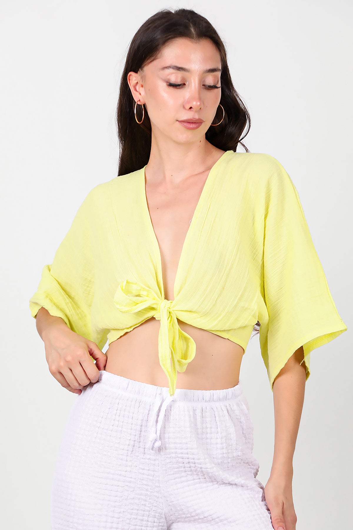 Kadın Ön Bağlama Kimono Sarı