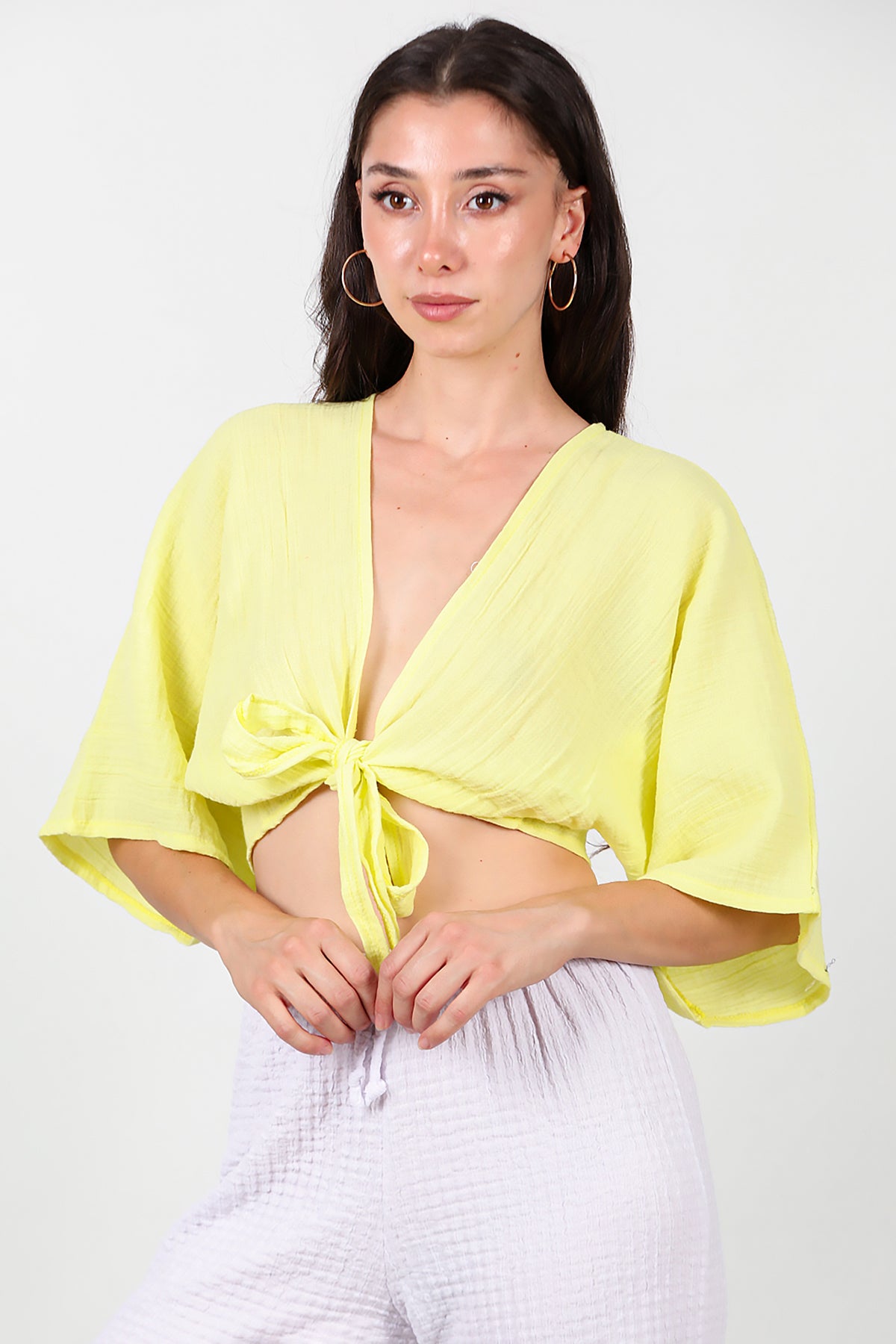 Kadın Ön Bağlama Kimono Sarı