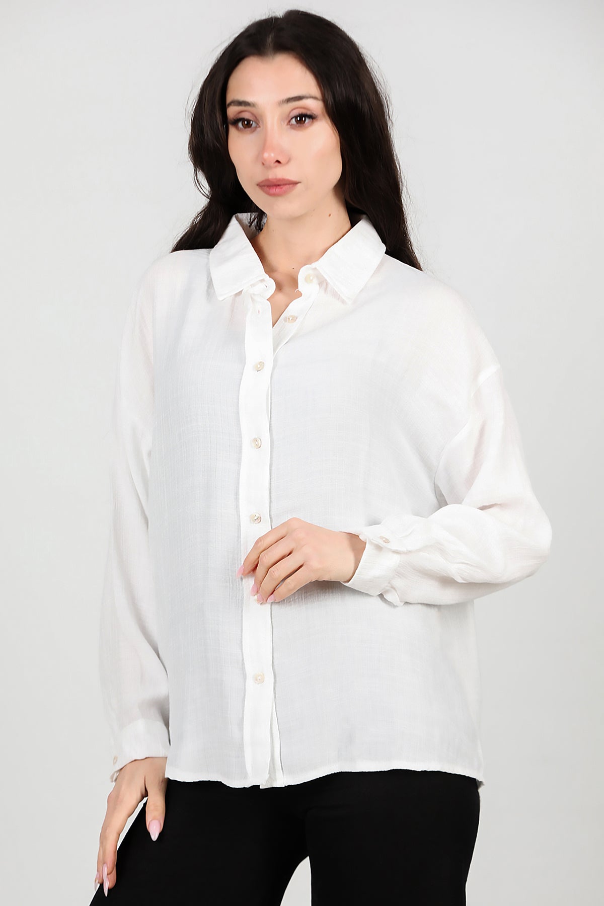 Kadın Parlak Keten Oversize Gömlek Ekru