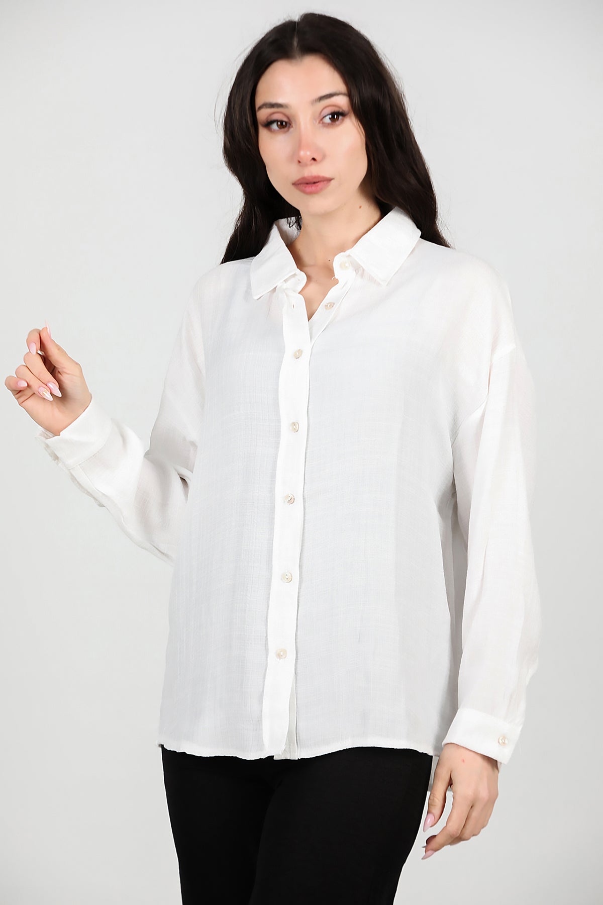 Kadın Parlak Keten Oversize Gömlek Ekru