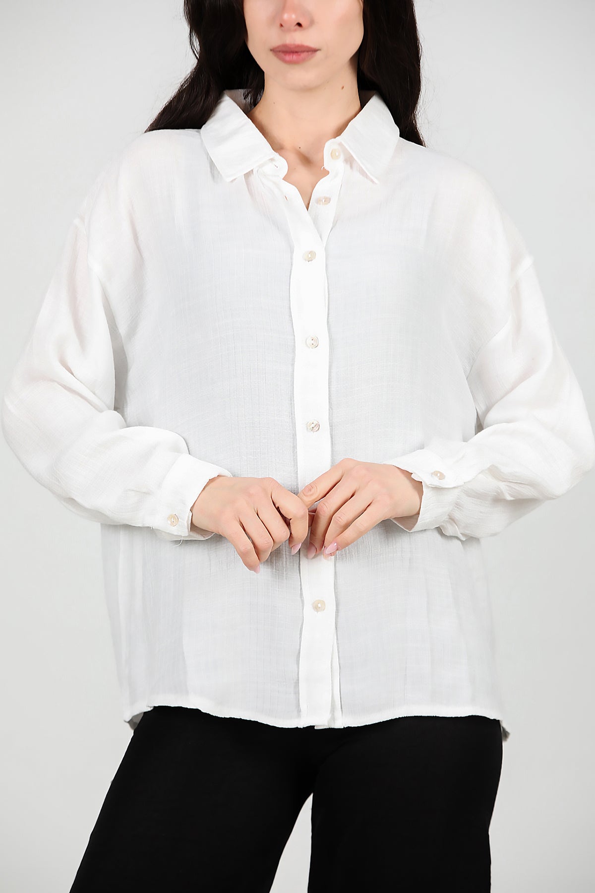 Kadın Parlak Keten Oversize Gömlek Ekru