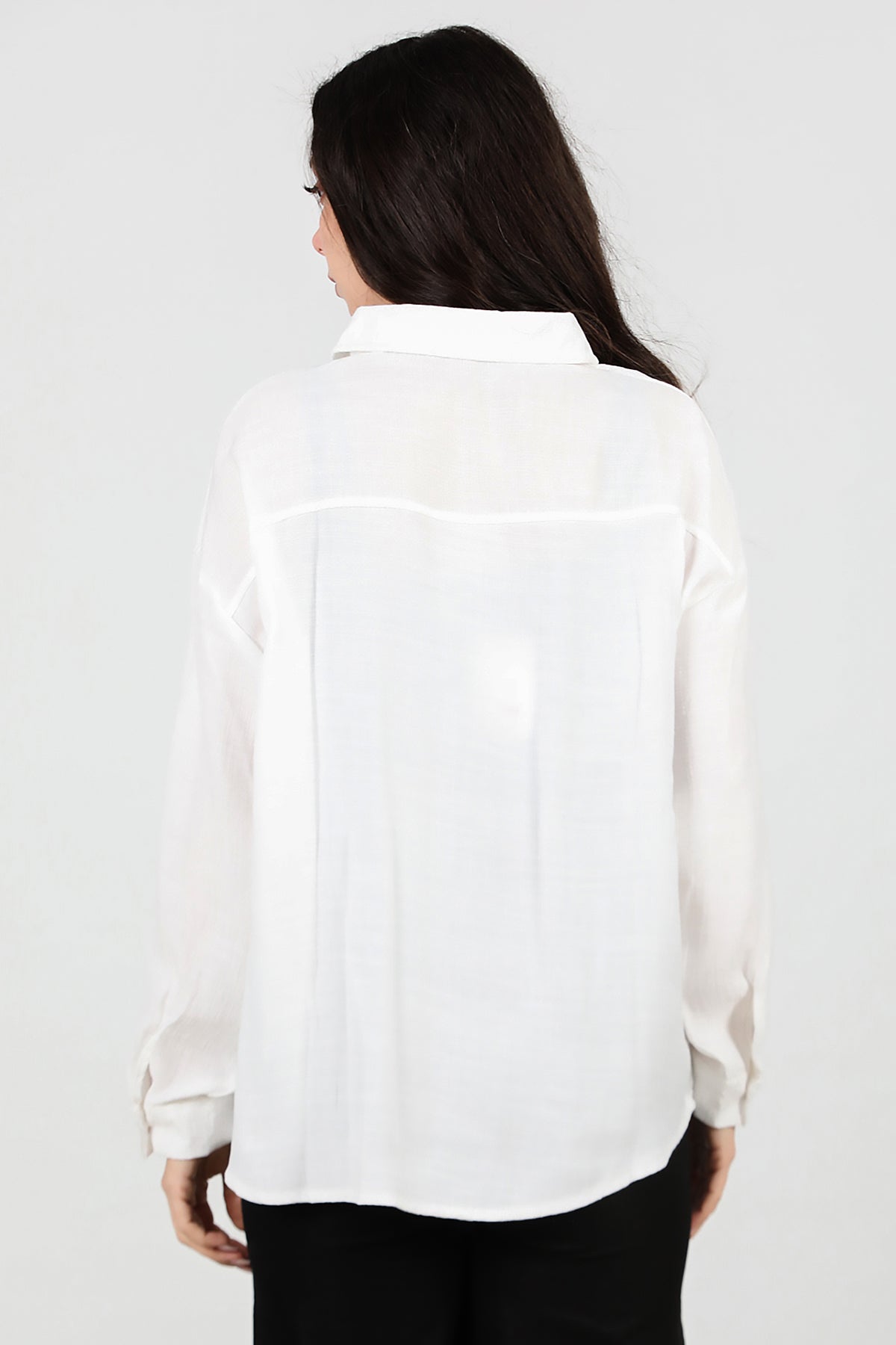 Kadın Parlak Keten Oversize Gömlek Ekru
