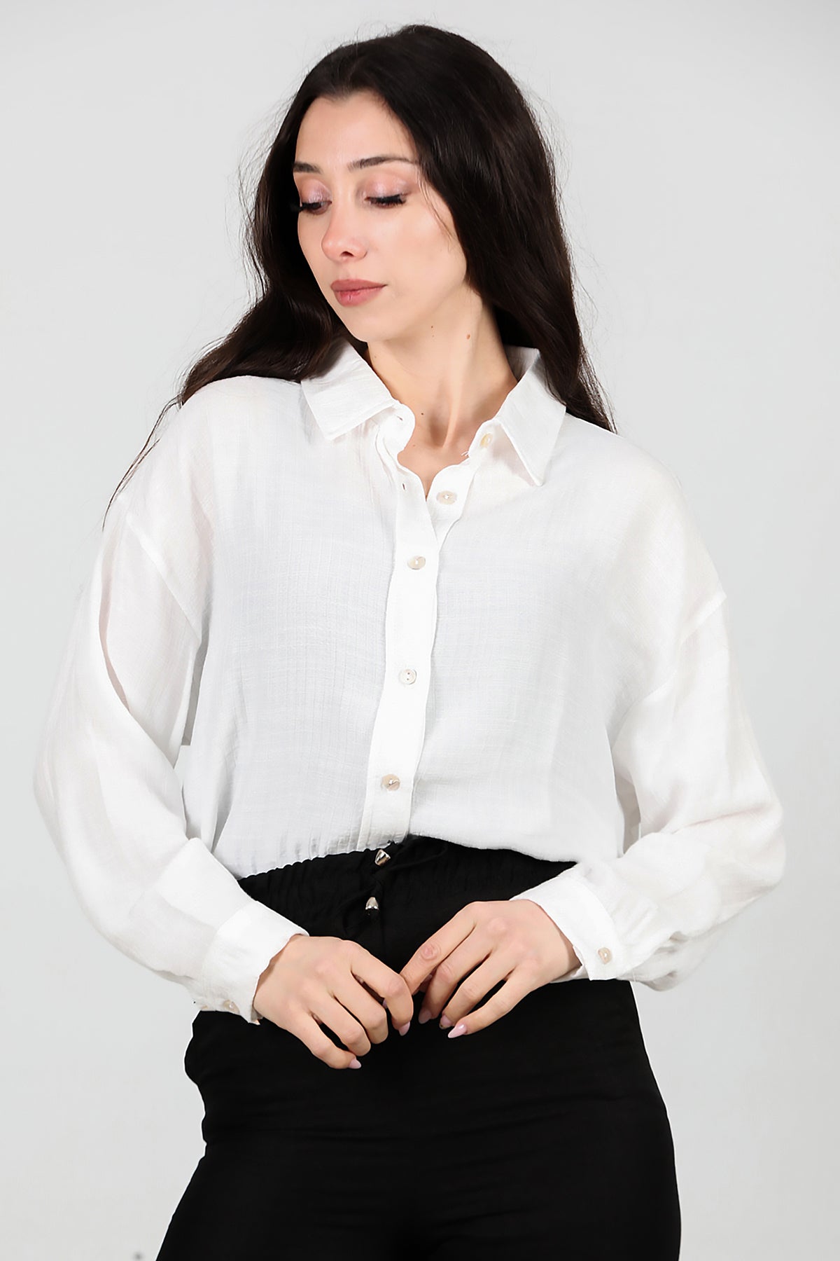 Kadın Parlak Keten Oversize Gömlek Ekru