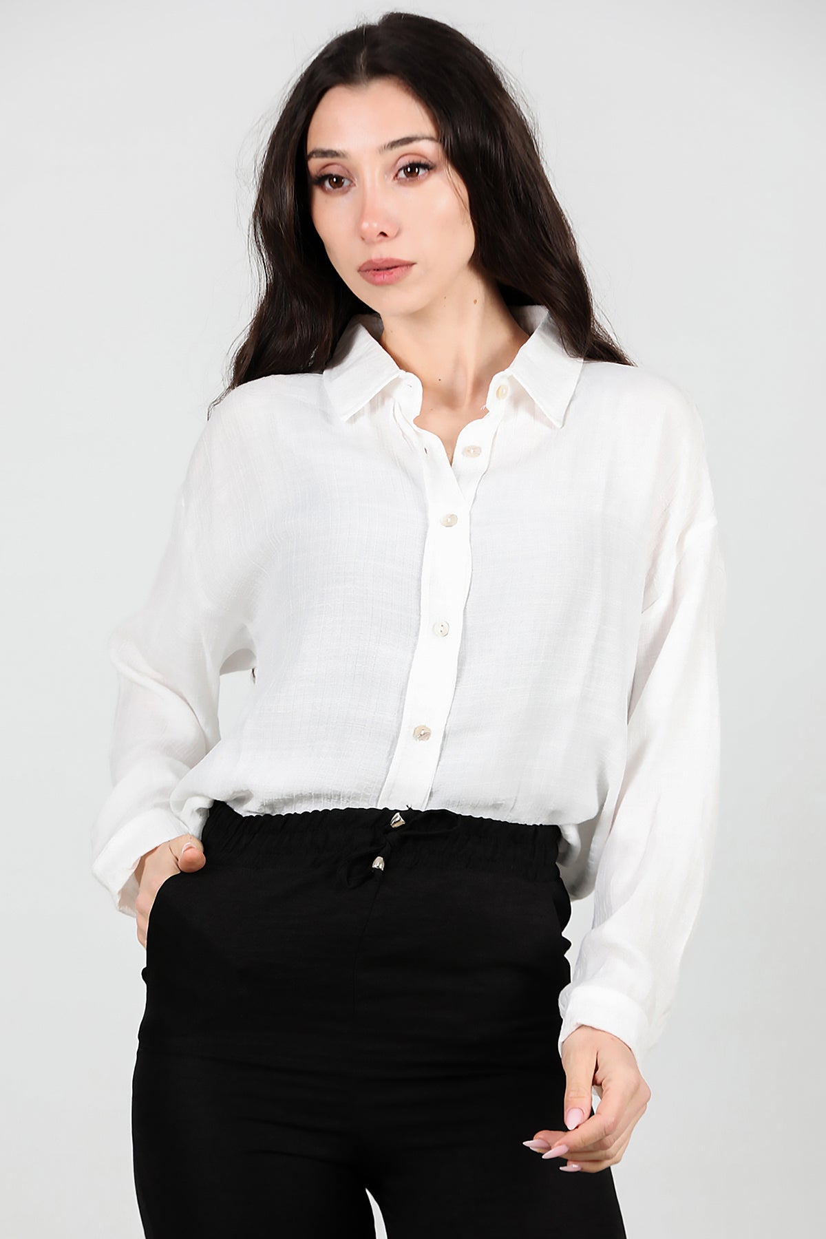 Kadın Parlak Keten Oversize Gömlek Ekru