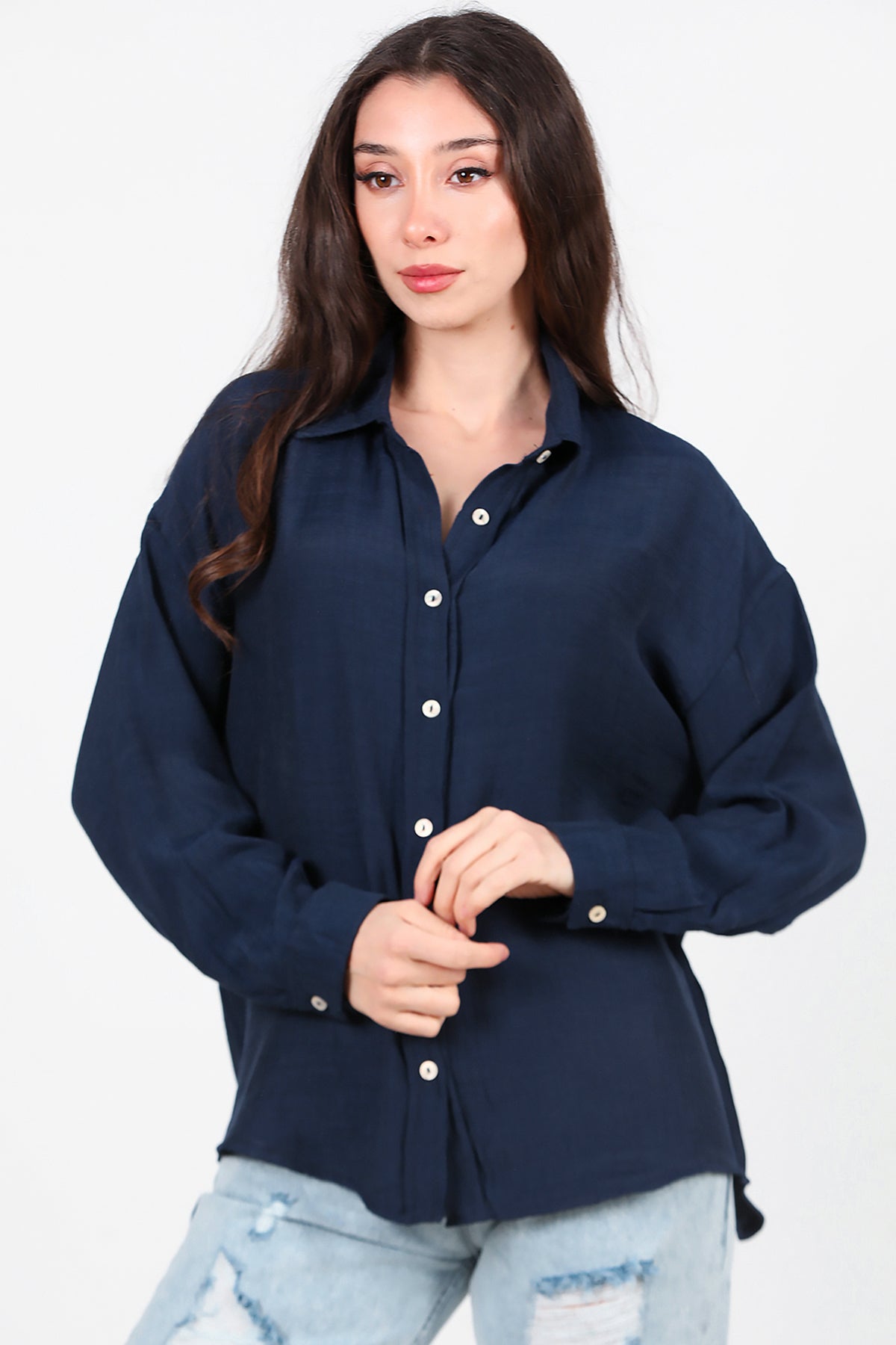 Kadın Parlak Keten Oversize Gömlek Lacivert