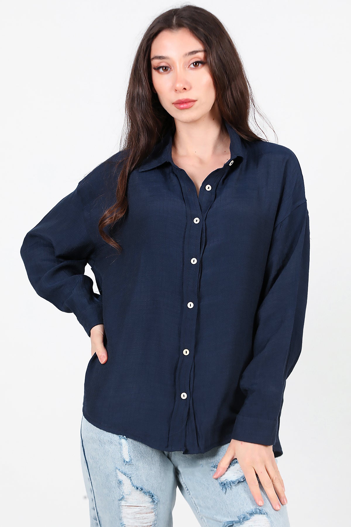 Kadın Parlak Keten Oversize Gömlek Lacivert