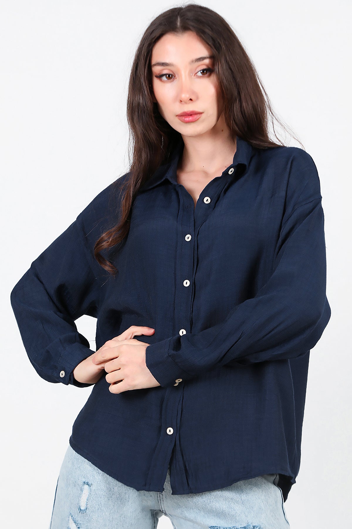 Kadın Parlak Keten Oversize Gömlek Lacivert