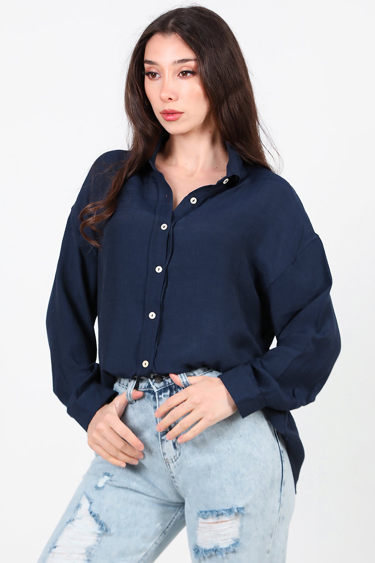Kadın Parlak Keten Oversize Gömlek Lacivert