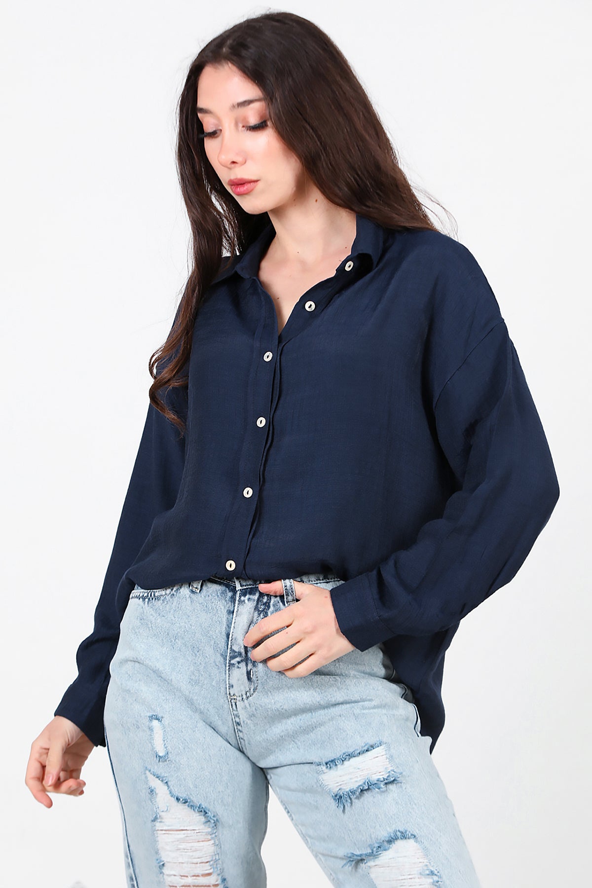 Kadın Parlak Keten Oversize Gömlek Lacivert