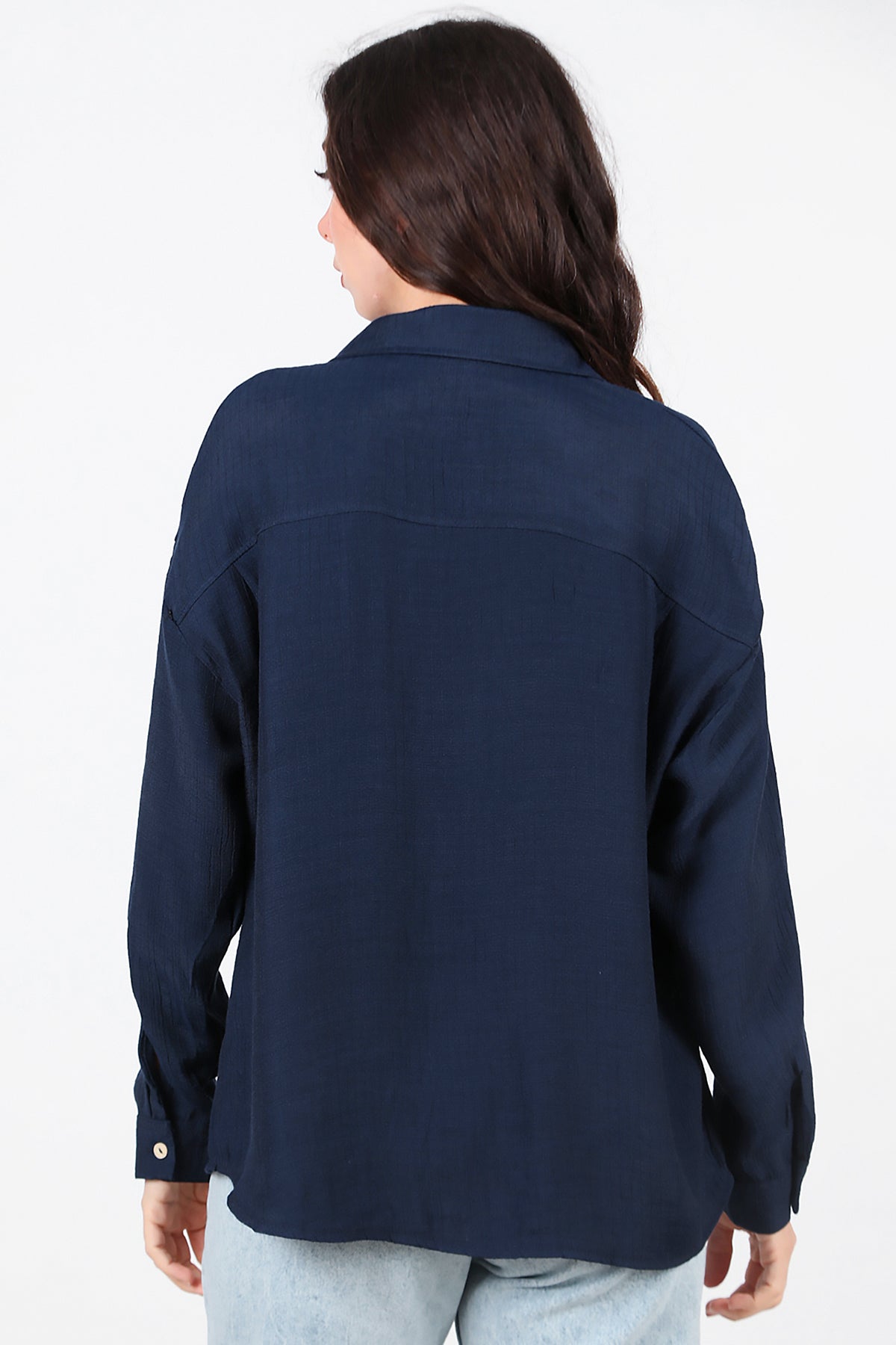 Kadın Parlak Keten Oversize Gömlek Lacivert