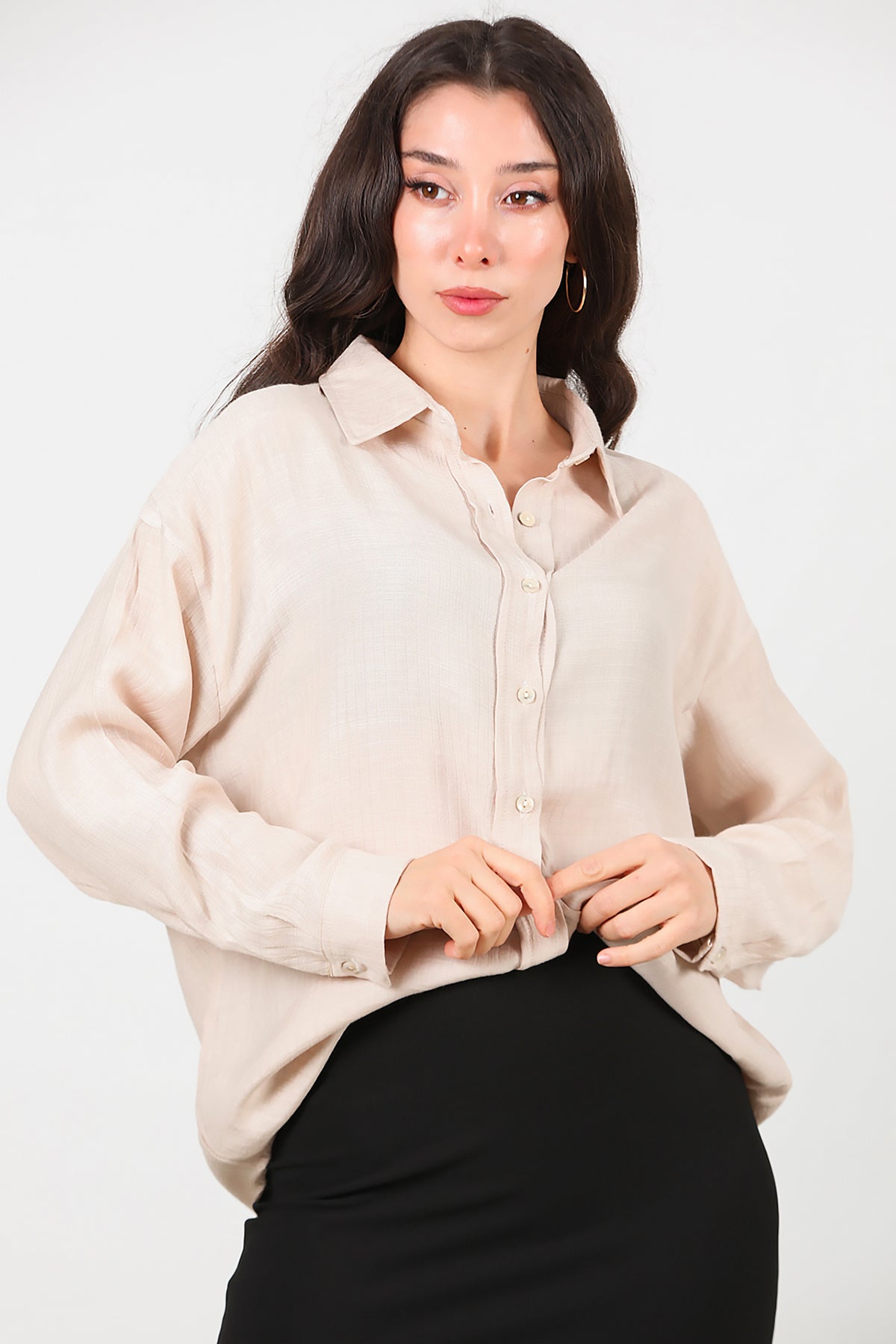 Kadın Parlak Keten Oversize Gömlek Taş