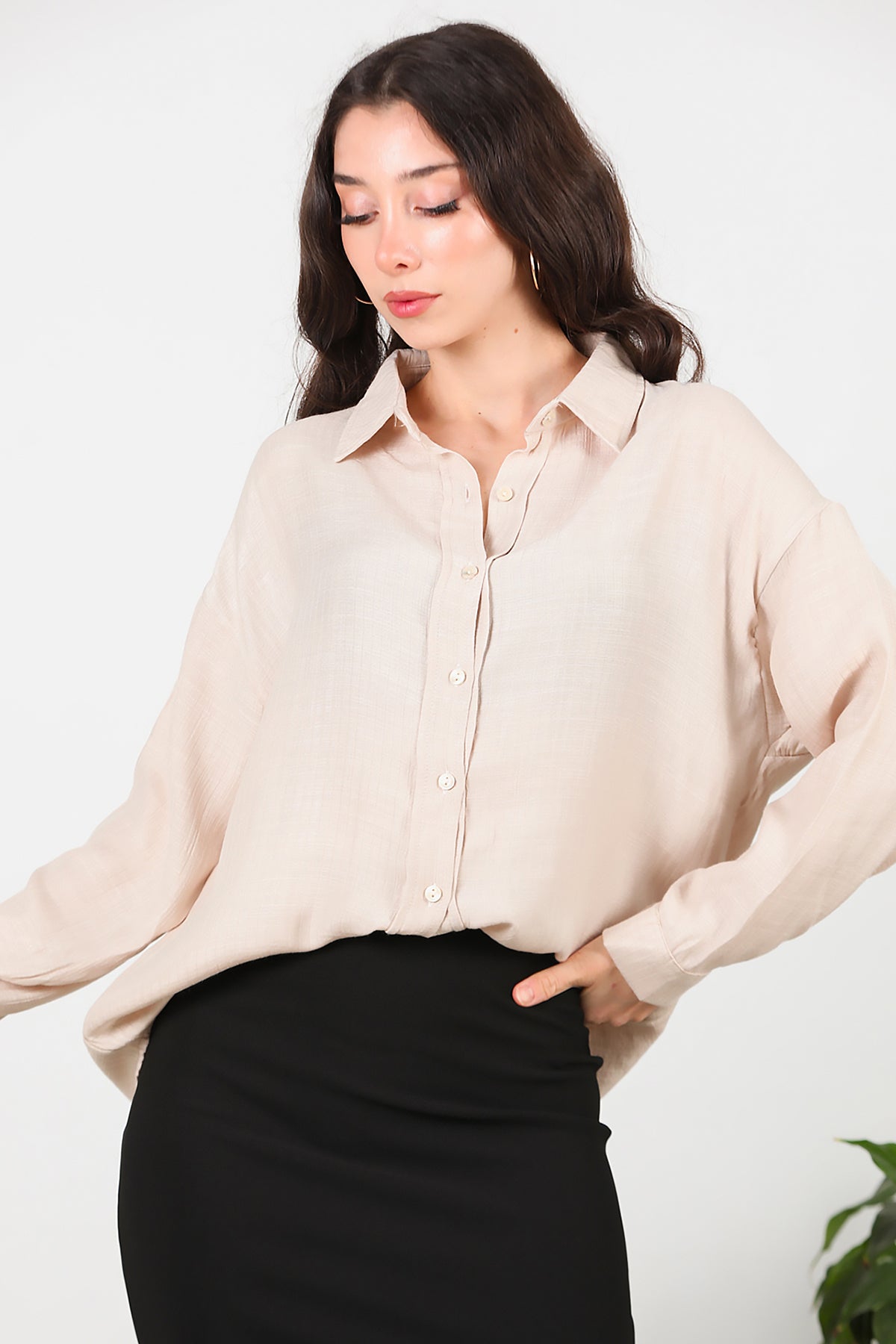 Kadın Parlak Keten Oversize Gömlek Taş
