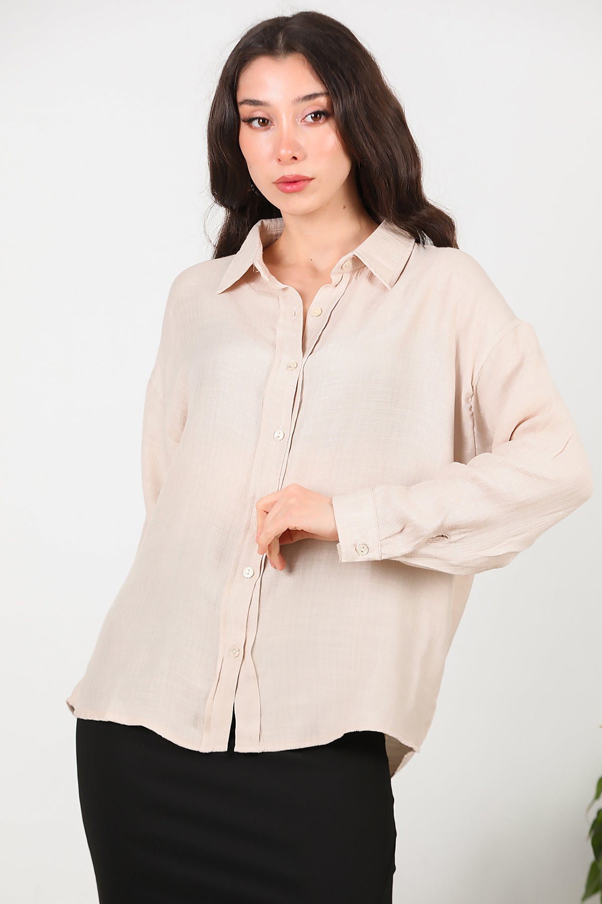 Kadın Parlak Keten Oversize Gömlek Taş