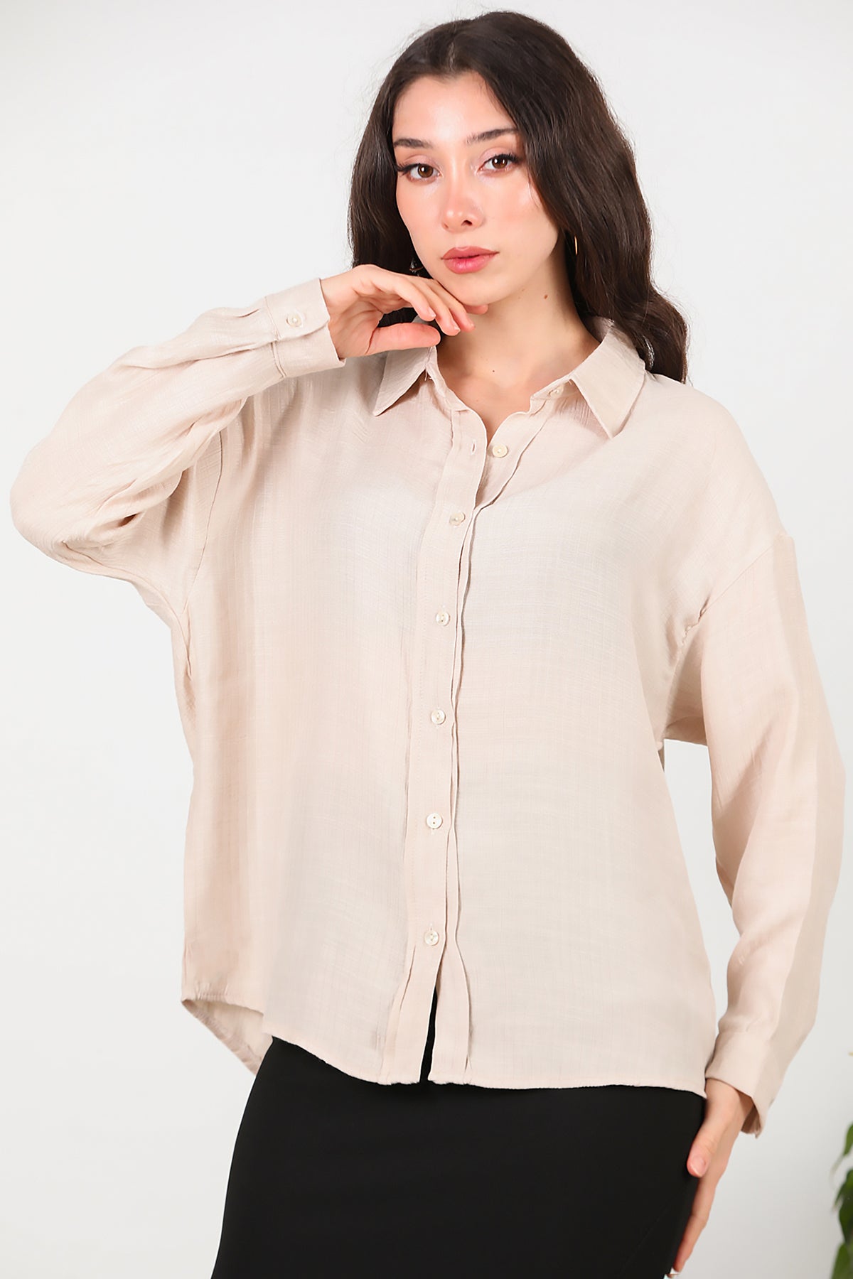Kadın Parlak Keten Oversize Gömlek Taş