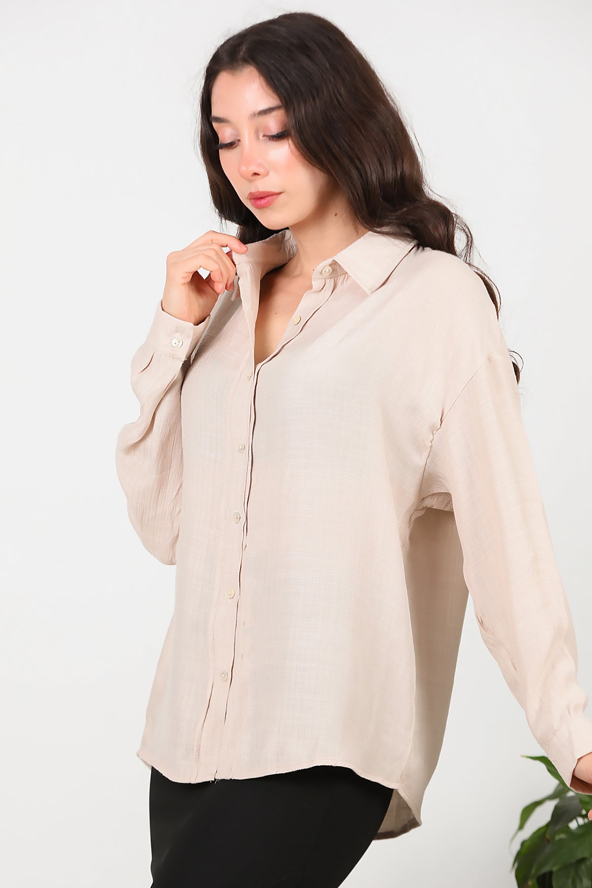 Kadın Parlak Keten Oversize Gömlek Taş