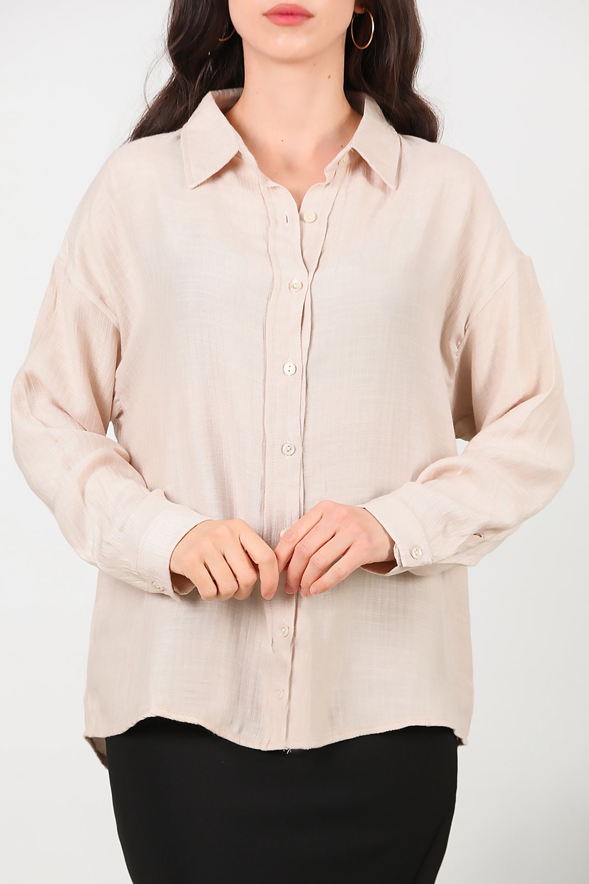 Kadın Parlak Keten Oversize Gömlek Taş
