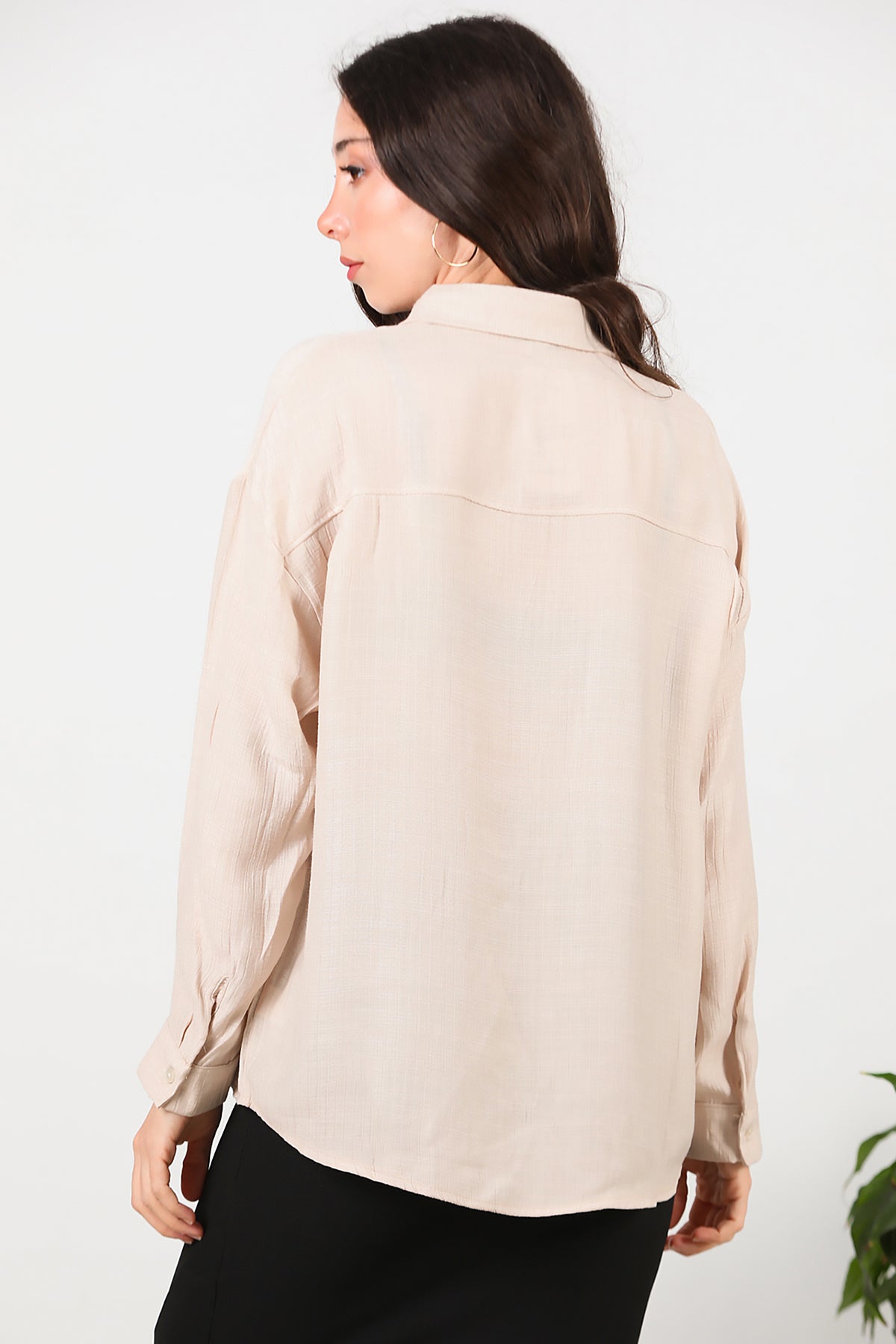 Kadın Parlak Keten Oversize Gömlek Taş