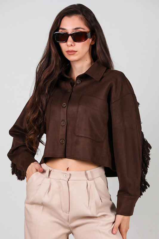 Kadın Arkası Taşlı Püsküllü Kısa Süet Gömlek Kahverengi