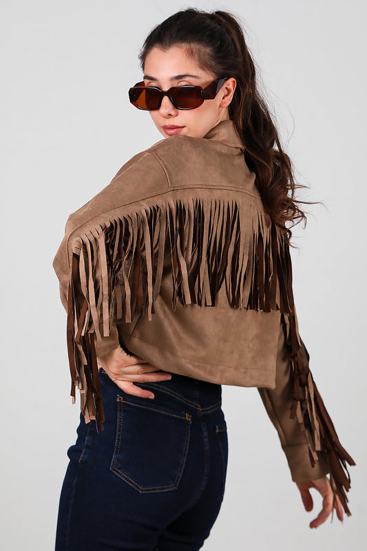 Kadın Arkası Püsküllü Cep Nakış Detay Süet Gömlek Bej