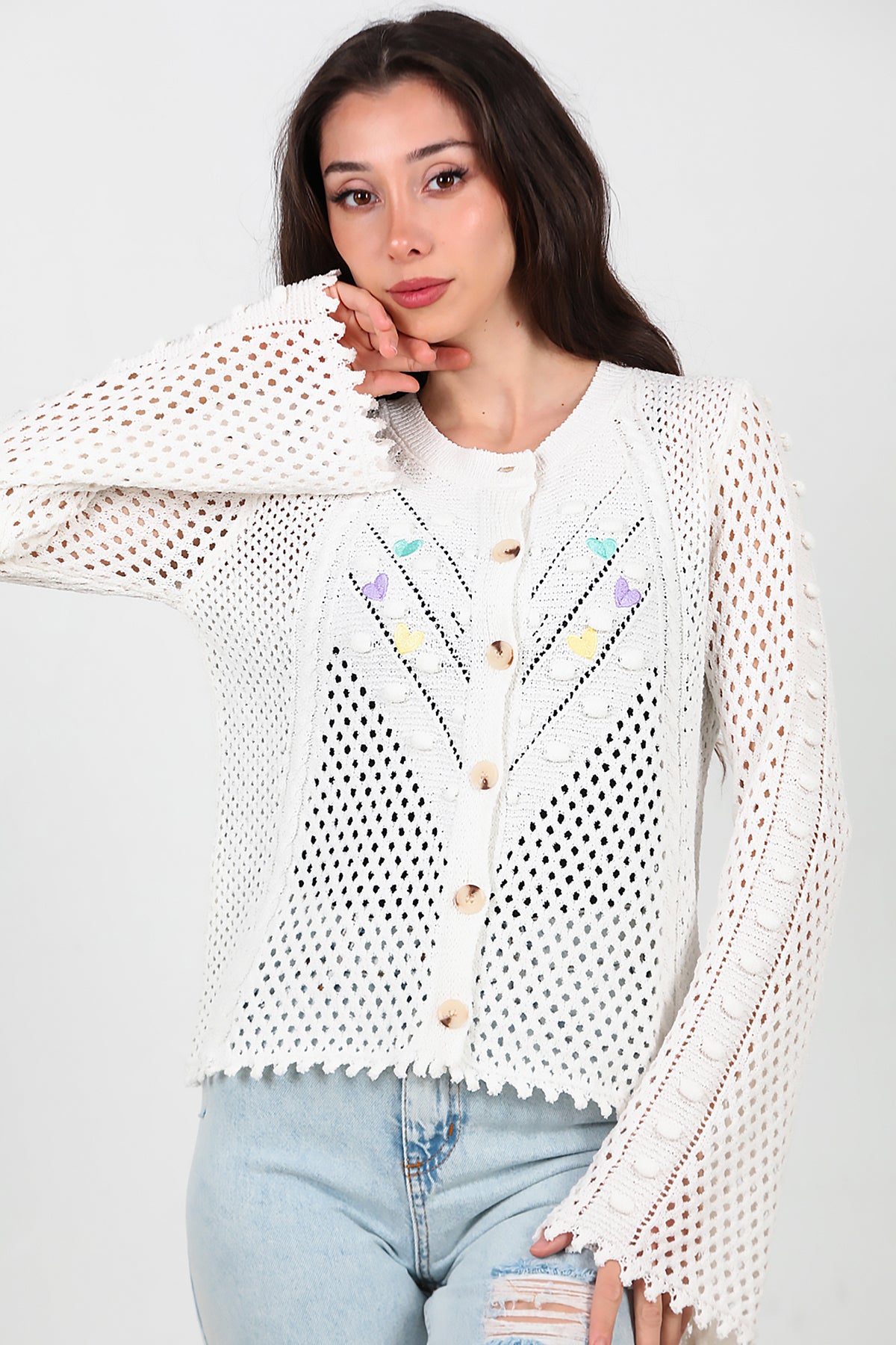 Kadın Kalp Nakışlı Hırka Ekru