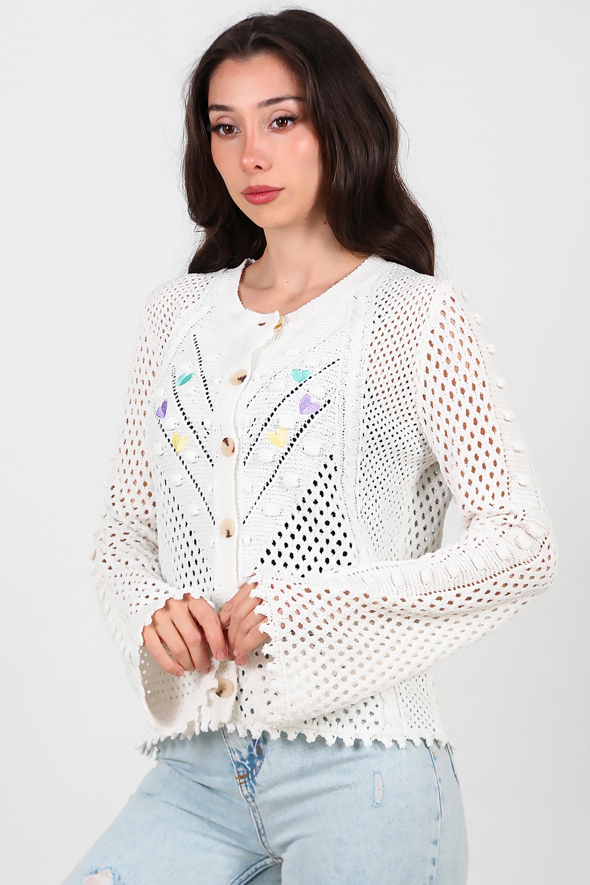 Kadın Kalp Nakışlı Hırka Ekru