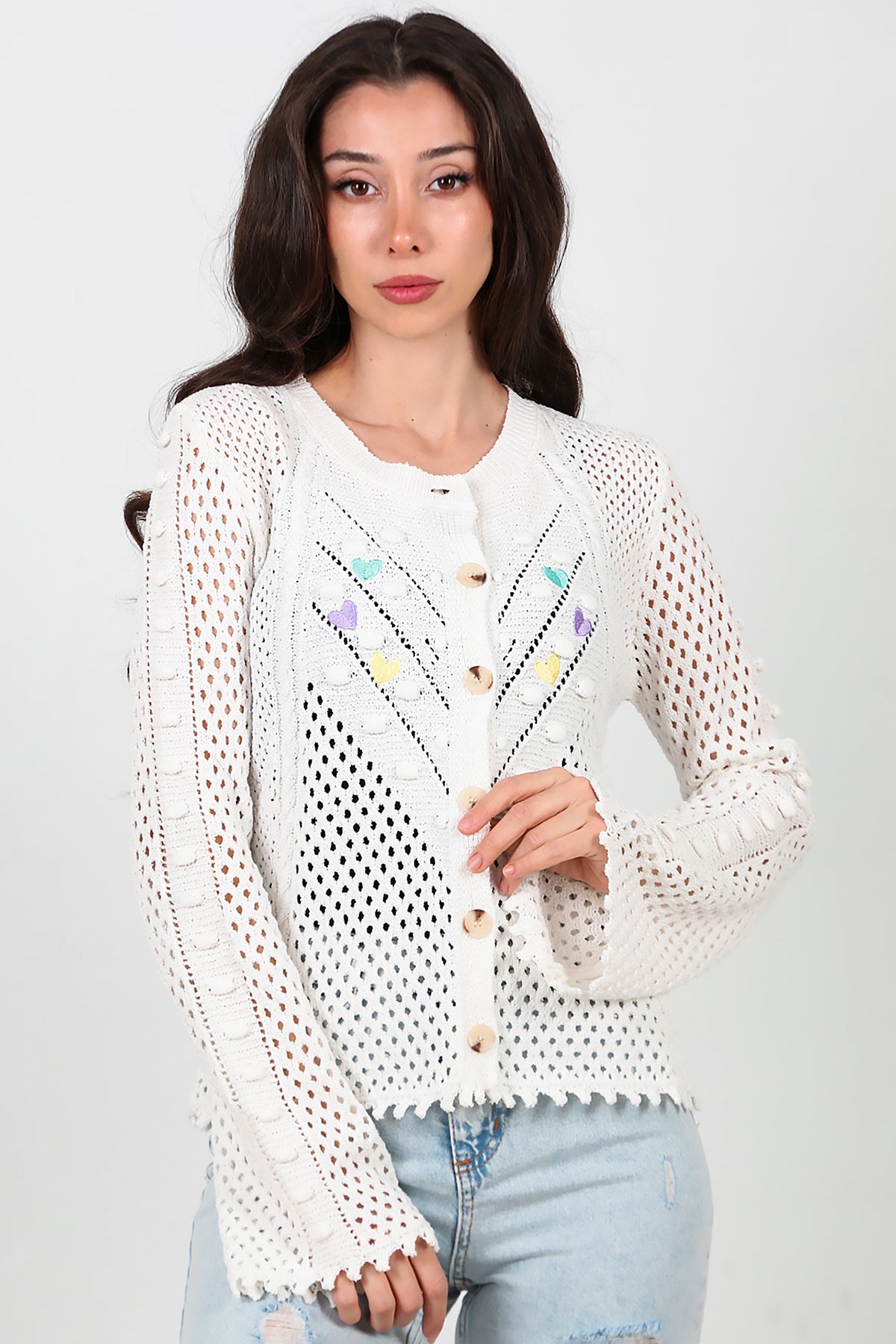 Kadın Kalp Nakışlı Hırka Ekru