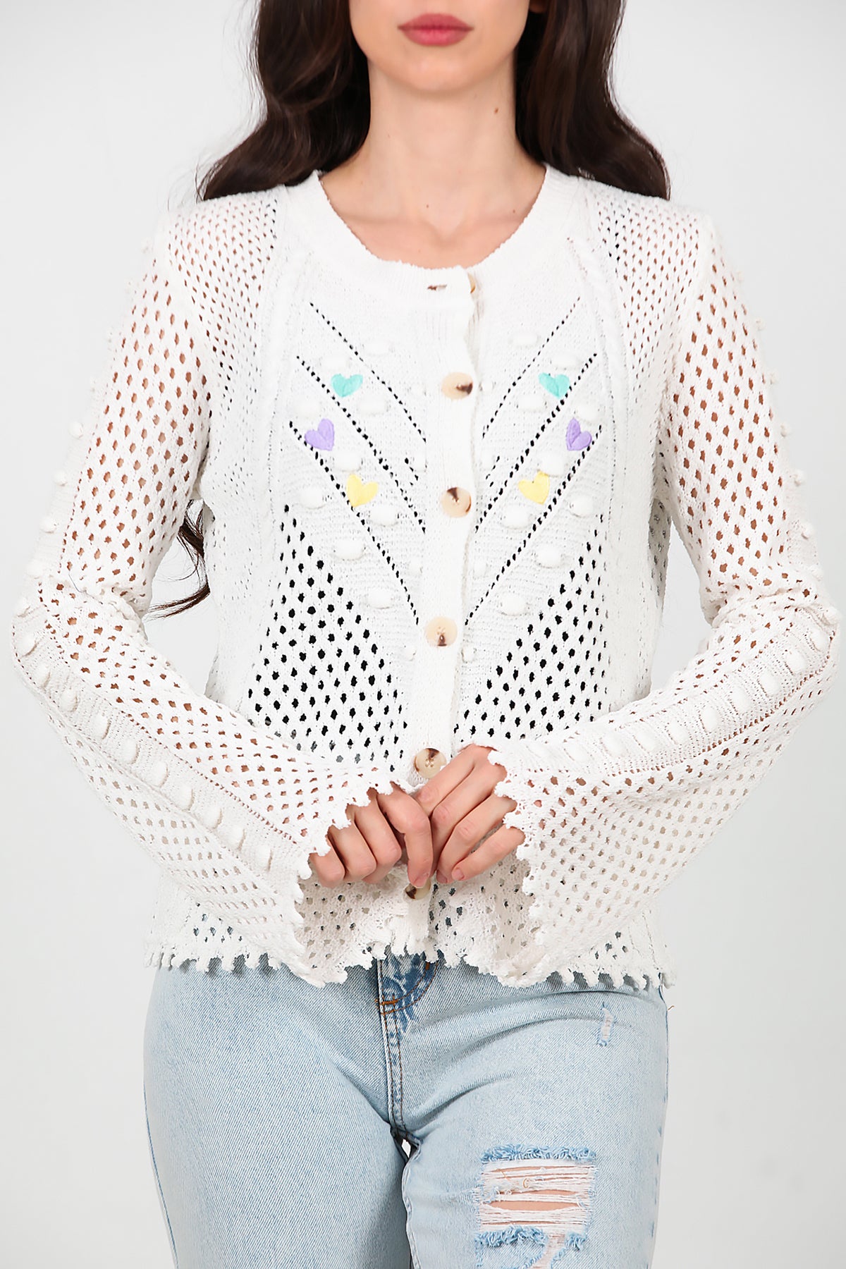 Kadın Kalp Nakışlı Hırka Ekru