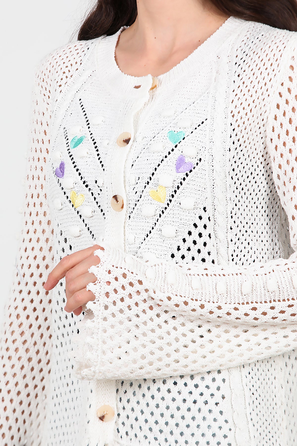 Kadın Kalp Nakışlı Hırka Ekru