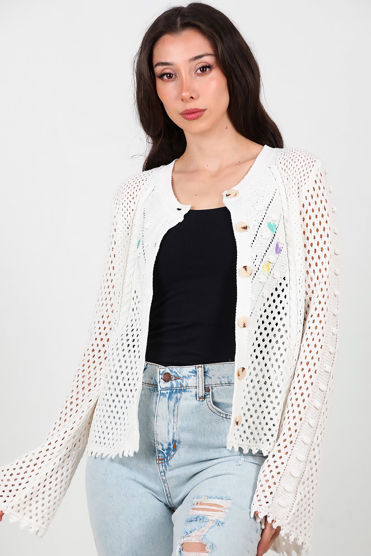 Kadın Kalp Nakışlı Hırka Ekru