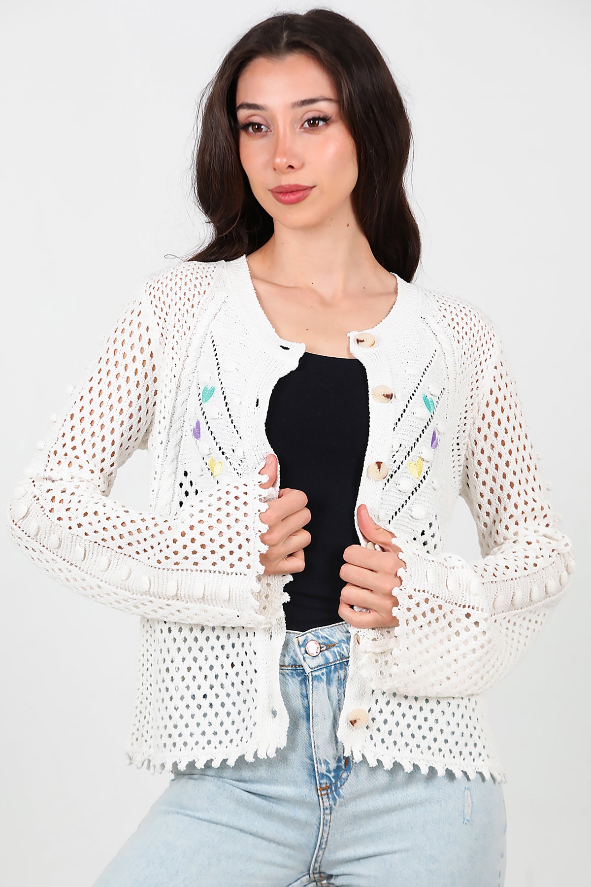 Kadın Kalp Nakışlı Hırka Ekru