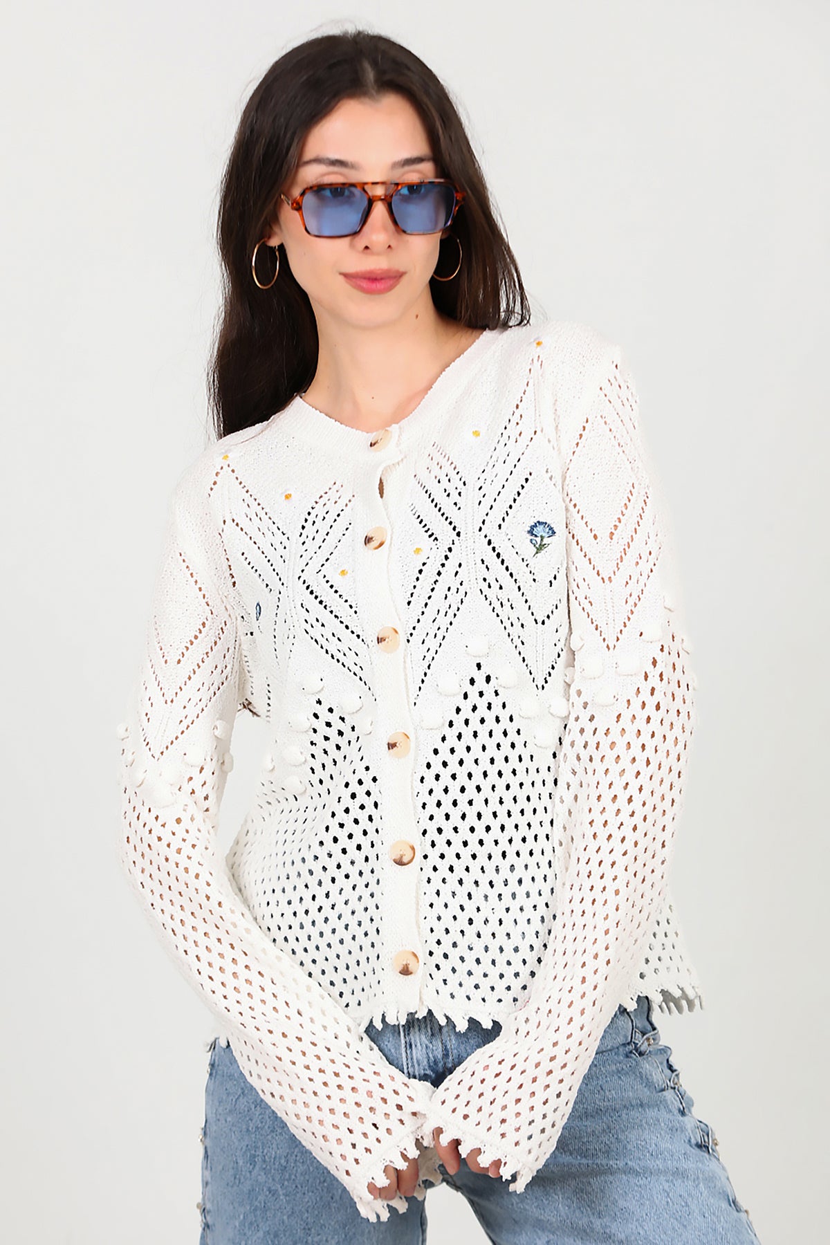 Kadın Ön İşlemeli Hırka Ekru