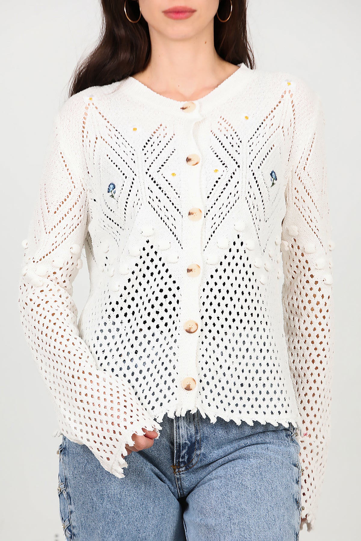 Kadın Ön İşlemeli Hırka Ekru