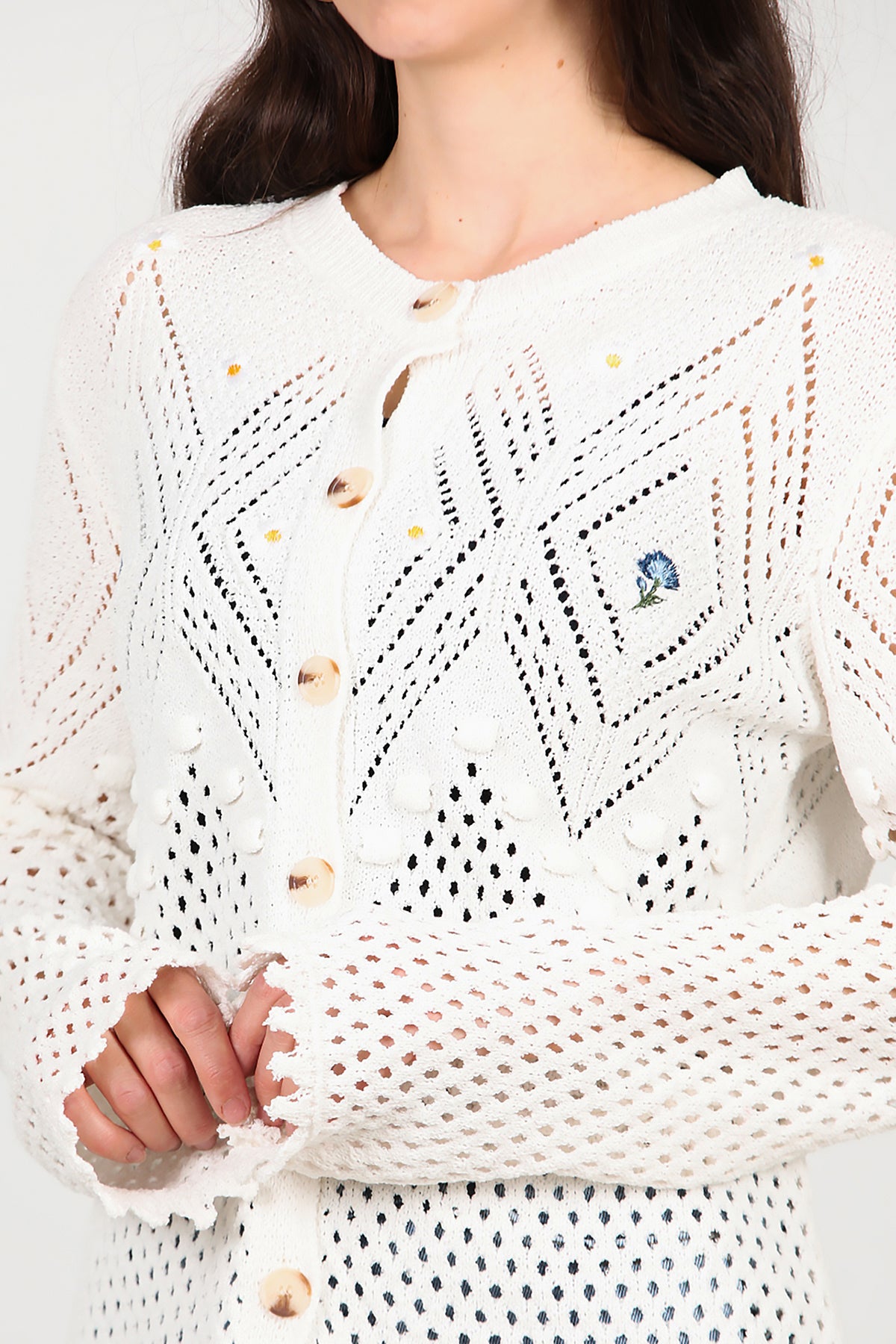 Kadın Ön İşlemeli Hırka Ekru