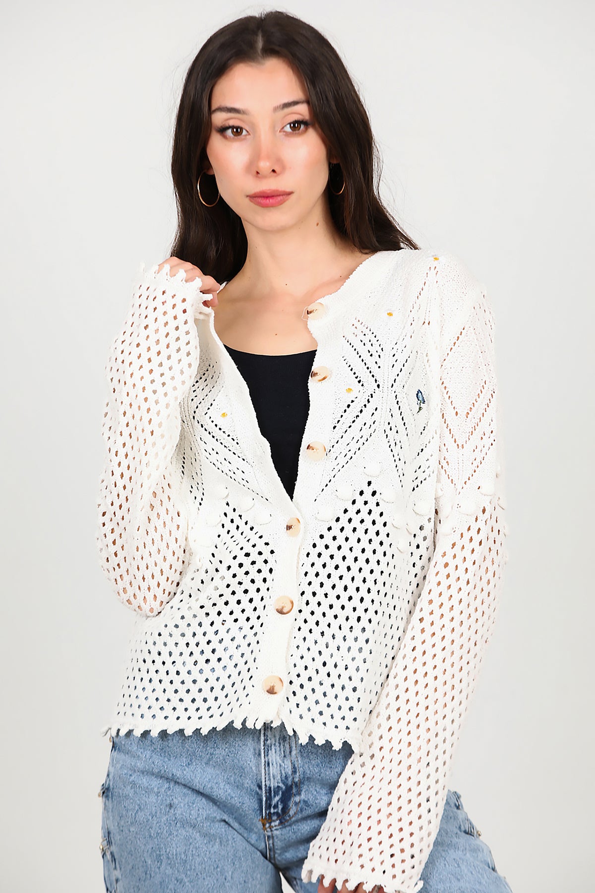 Kadın Ön İşlemeli Hırka Ekru