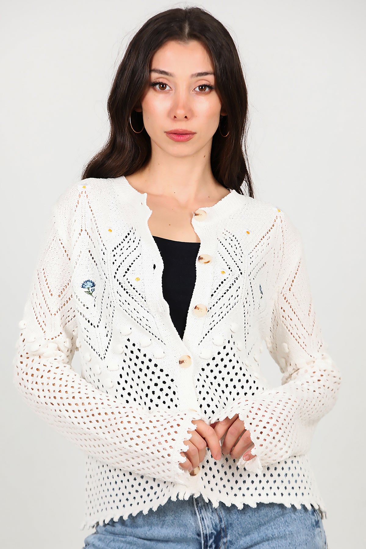 Kadın Ön İşlemeli Hırka Ekru