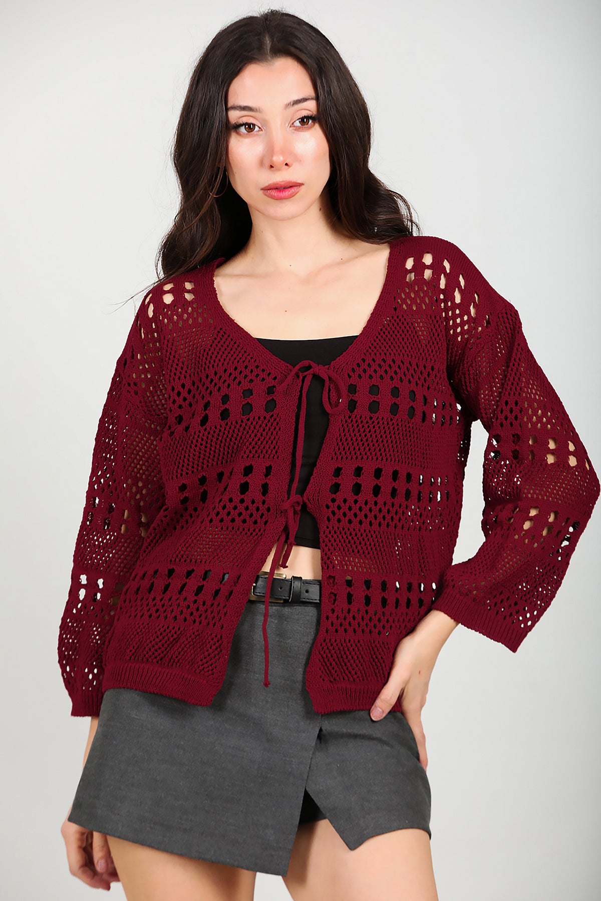 Kadın Önü Bağlamalı Hırka Bordo