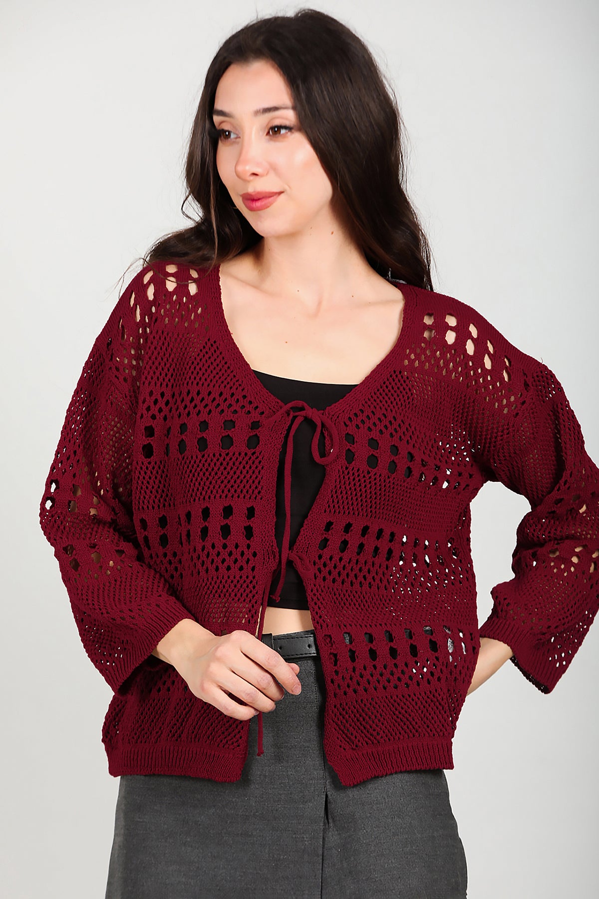 Kadın Önü Bağlamalı Hırka Bordo