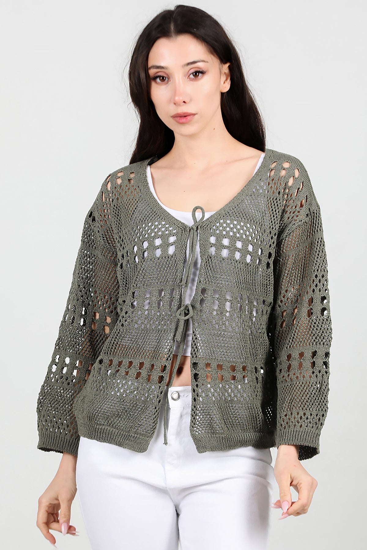 Kadın Önü Bağlamalı Hırka Haki