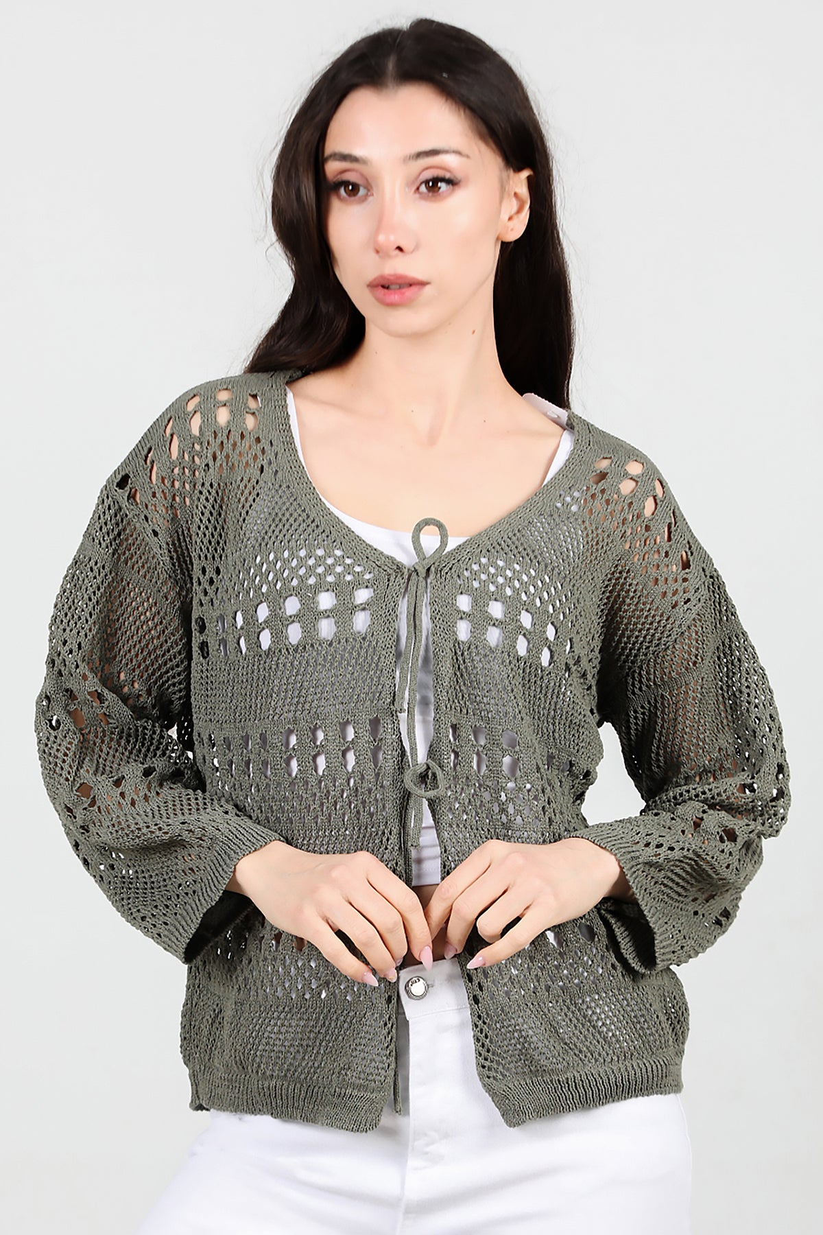 Kadın Önü Bağlamalı Hırka Haki