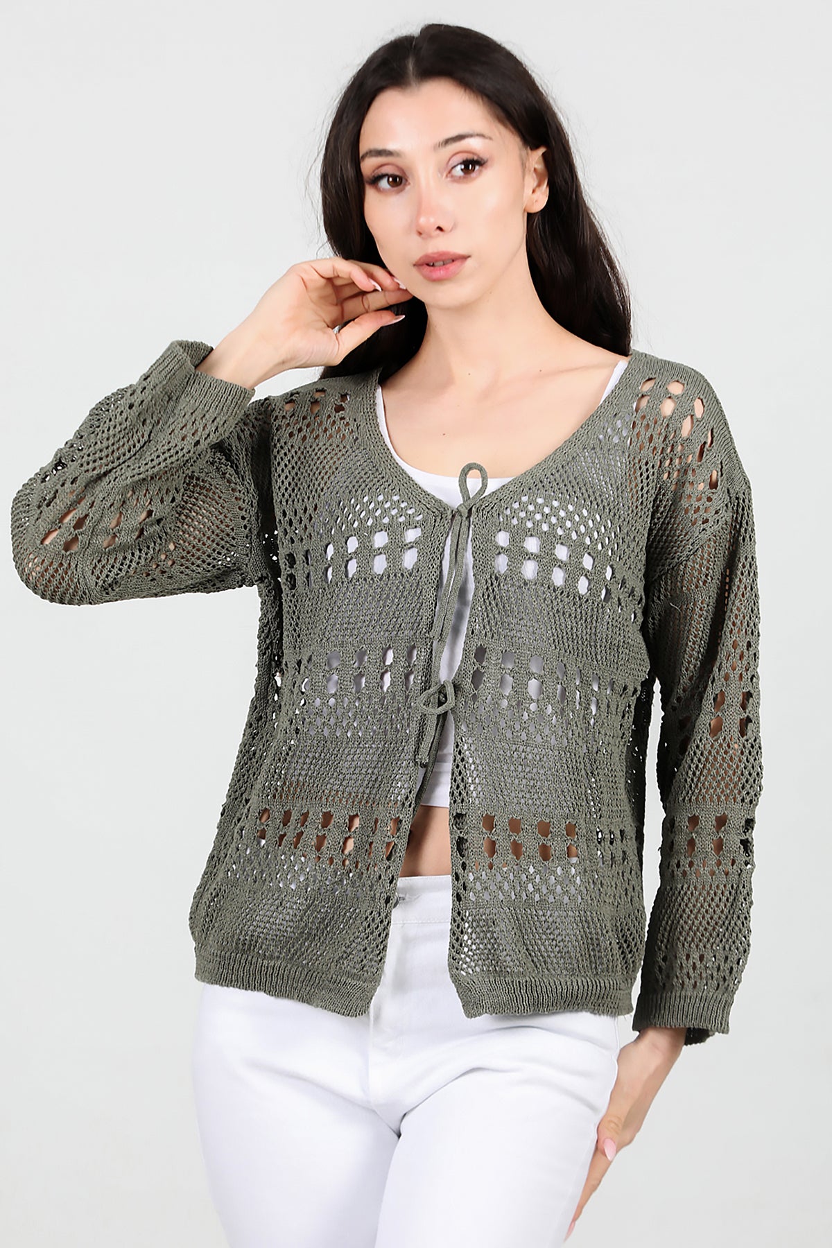 Kadın Önü Bağlamalı Hırka Haki