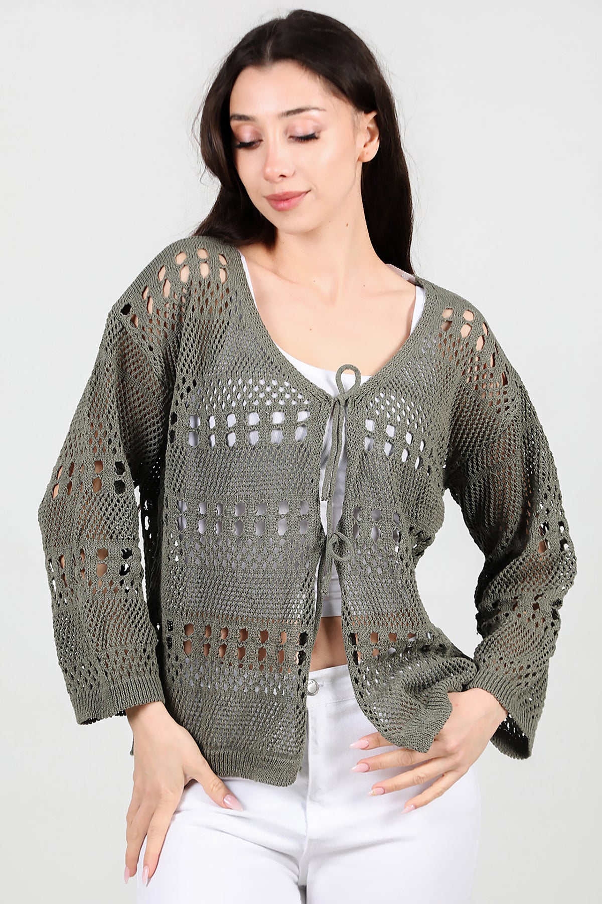 Kadın Önü Bağlamalı Hırka Haki